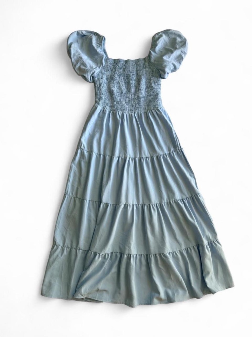 PrettyGarden Light Blue Puff Sleeve Smocked Tiered Maxi Dress Small